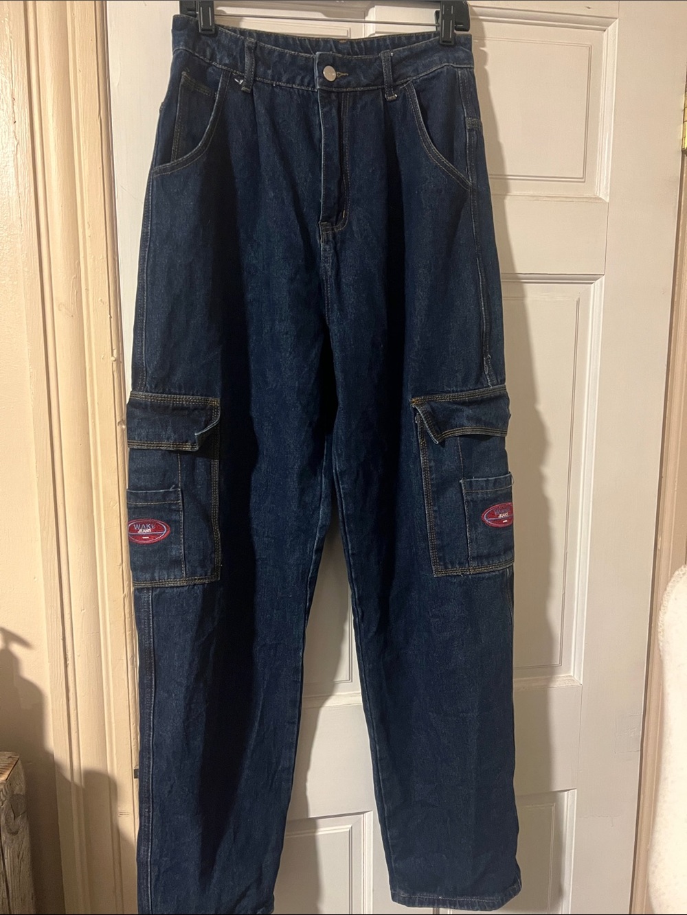 SHEIN - Dark Wash High Waisted, Wide Leg, Cargo Denim Pants - Dual Side Pockets